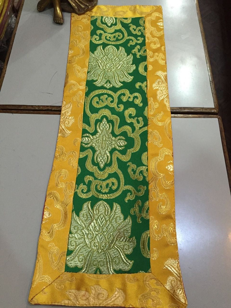 Tibetan Green Lotus Design silk brocade table Mat