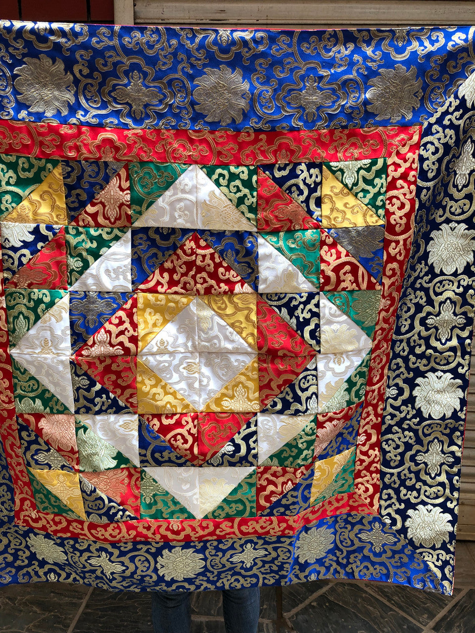 Tibetan buddhist multi coloured lotus design silk brocade altar cloth / table cover / shrine cover