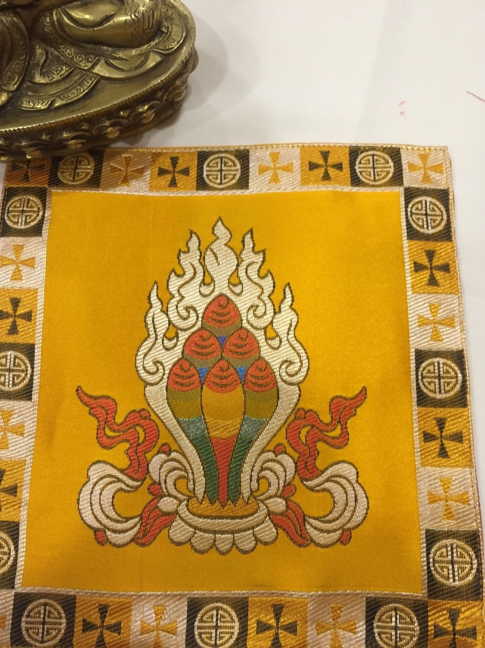 Tibetan buddhist silk brocade yellow Norbu / precious jewel placemat / table cover / altar cloth