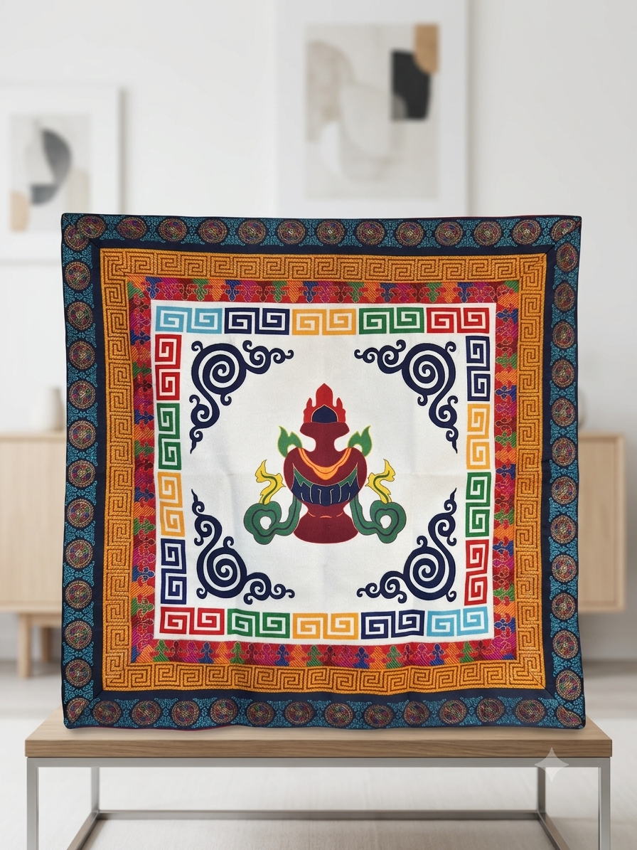 Tibetan brocade auspicious symbol table cover with wheel of life border / altar cloth