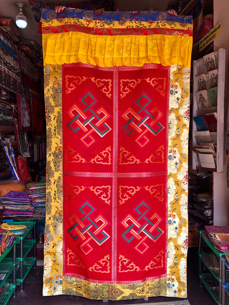 Tibetan Buddhist red Silk Brocade Hand Embroidered Endless Knot/Eternal Knot Door Curtain/Door Hanging