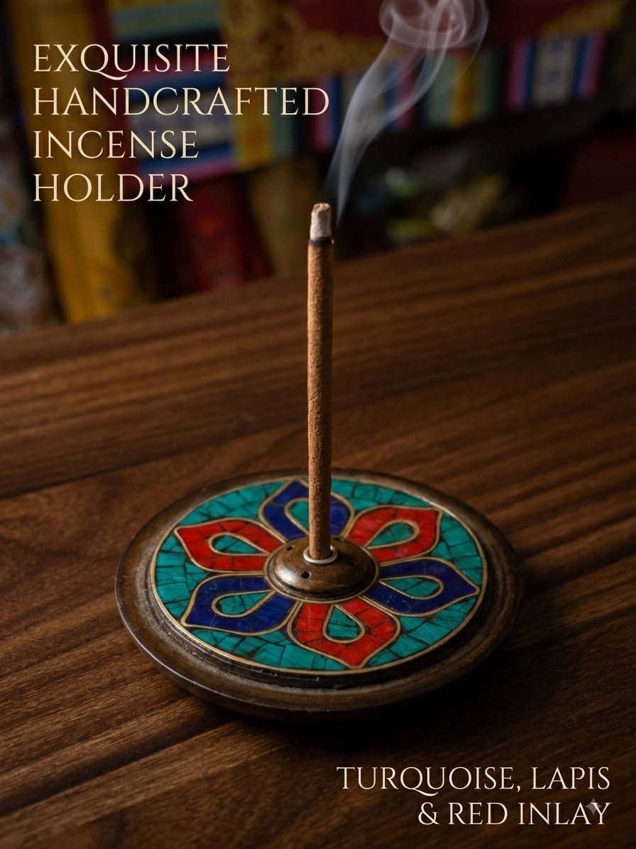 Buddhist Antique Finish Incense Holder – Handmade in Nepal, Turquoise, Lapis & Red Inlay