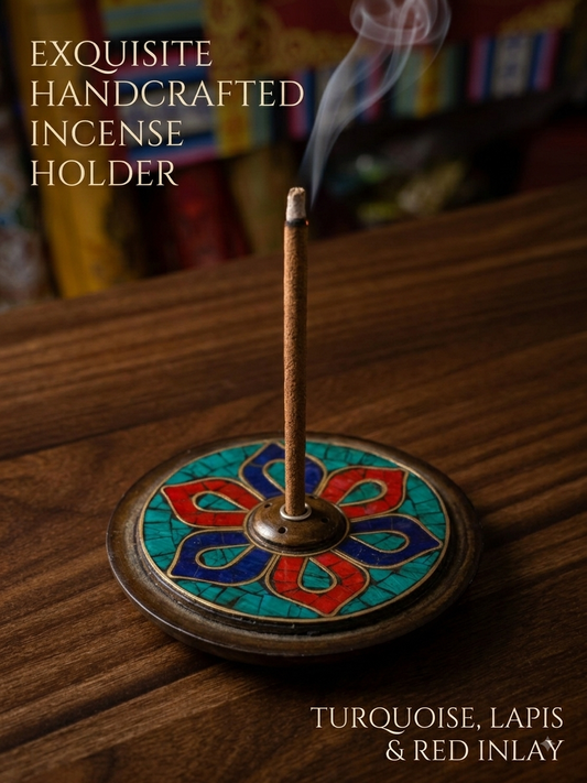 Buddhist Antique Finish Incense Holder – Handmade in Nepal, Turquoise, Lapis & Red Inlay