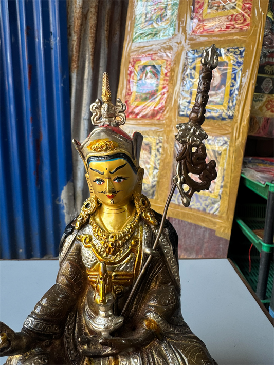 Nepalese Handmade Guru Rinpoche Statue – Copper & Bronze with Gold & Silver Plating (8.5 Inch)