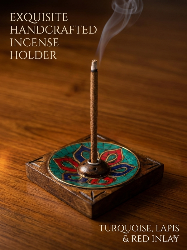 Buddhist Antique Finish Square Incense Holder – Handmade in Nepal, Turquoise, Lapis & Red Inlay