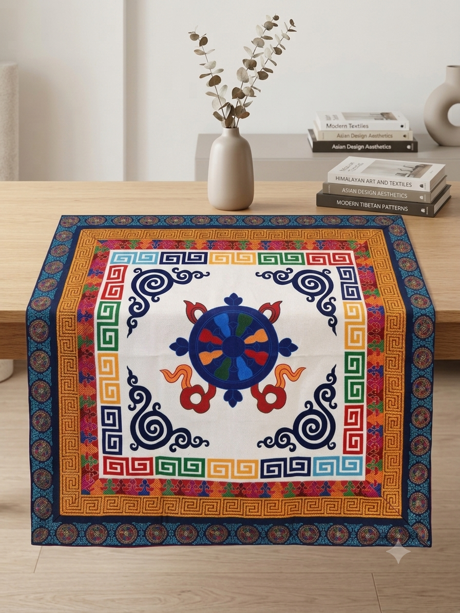 Tibetan brocade auspicious symbol table cover with wheel of life border / altar cloth
