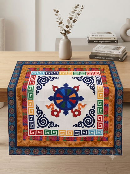 Tibetan brocade auspicious symbol table cover with wheel of life border / altar cloth