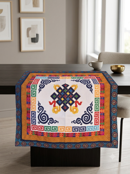 Tibetan brocade auspicious symbol table cover with wheel of life border / altar cloth