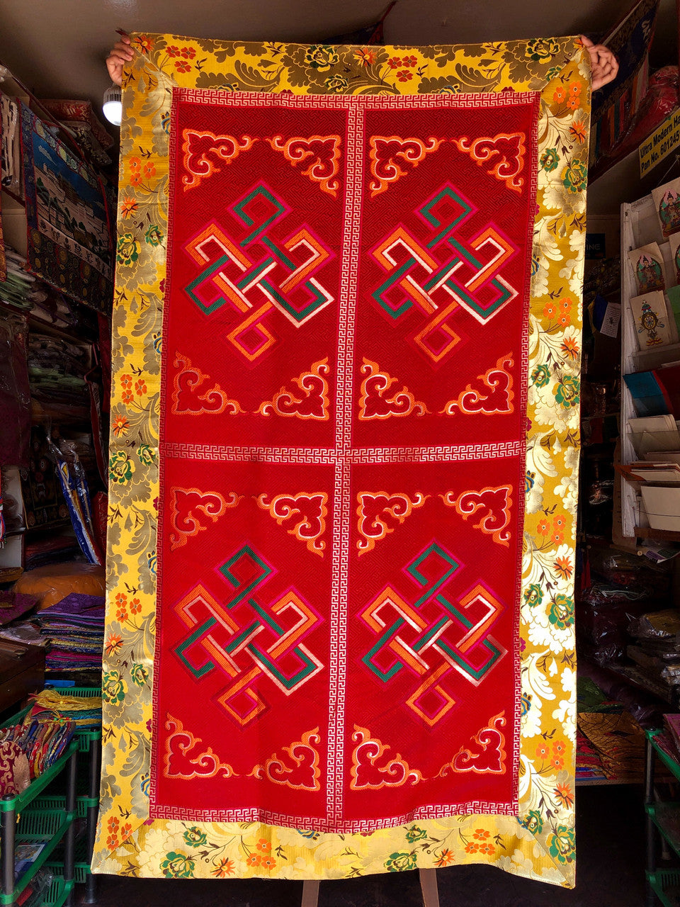 Tibetan Buddhist red Silk Brocade Embroidered Endless Knot/Eternal Knot Large Table Cover/Runner/Shrine Cover/Table Cloth