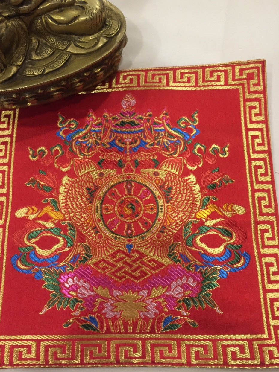 Tibetan buddhist silk brocade red eight auspicious symbol placemat / table cover / altar cloth