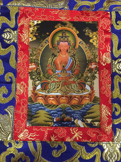 Tibetischer Seidenbrokat Amitayus/Long Life Buddha kleines Foto Thangka/Wandbehang