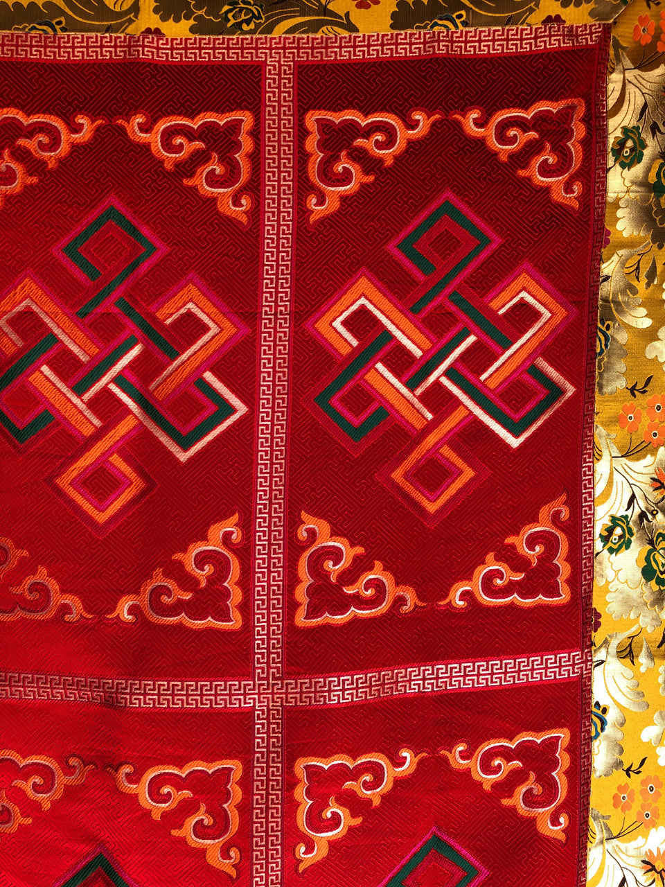 Tibetan Buddhist red Silk Brocade Embroidered Endless Knot/Eternal Knot Large Table Cover/Runner/Shrine Cover/Table Cloth