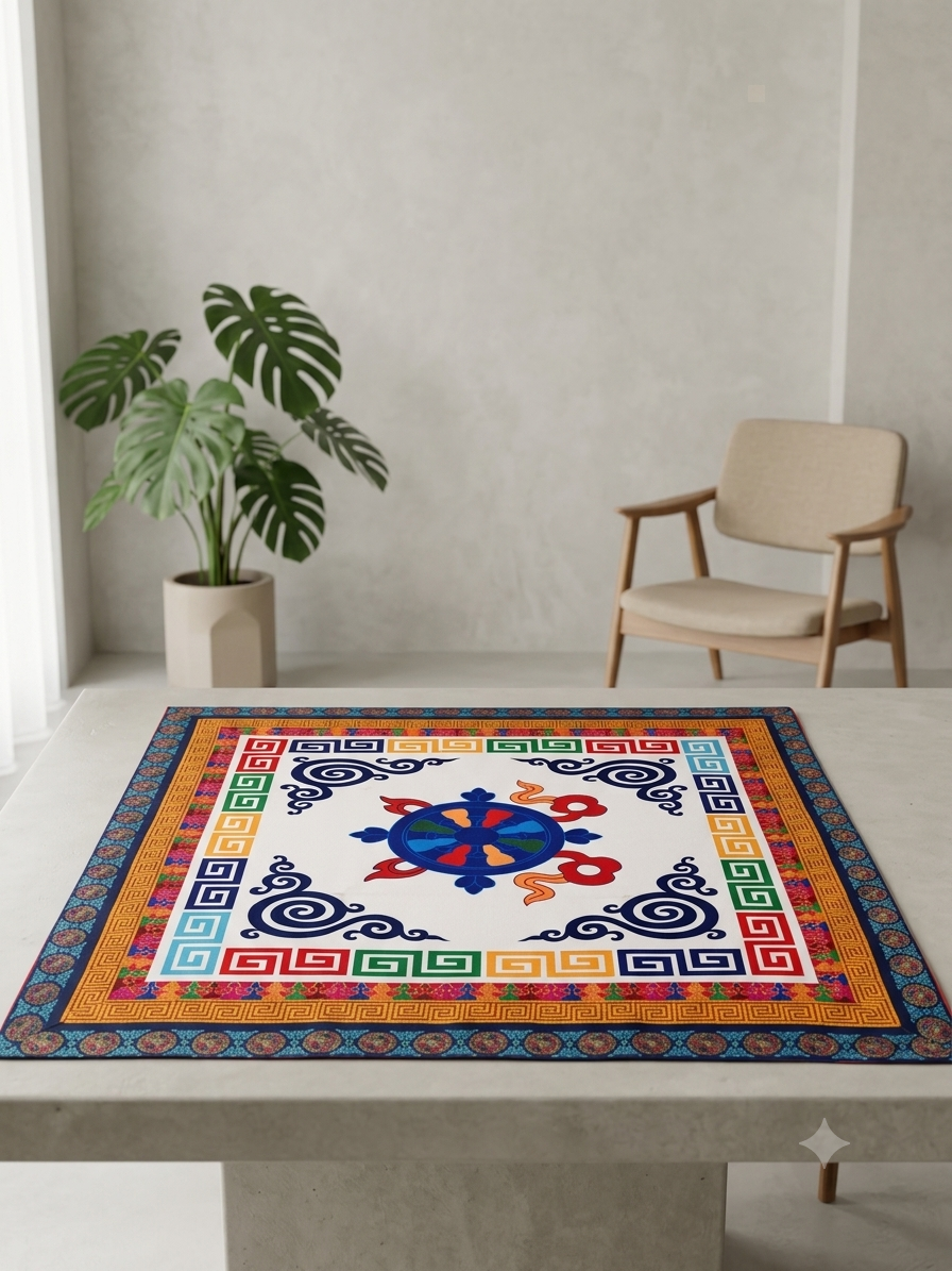 Tibetan brocade auspicious symbol table cover with wheel of life border / altar cloth