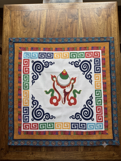 Tibetan brocade auspicious symbol table cover with wheel of life border / altar cloth
