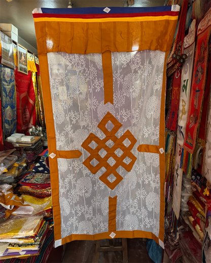 Tibetan buddhist lacy / net endless knot dark yellow door curtain / door hanging