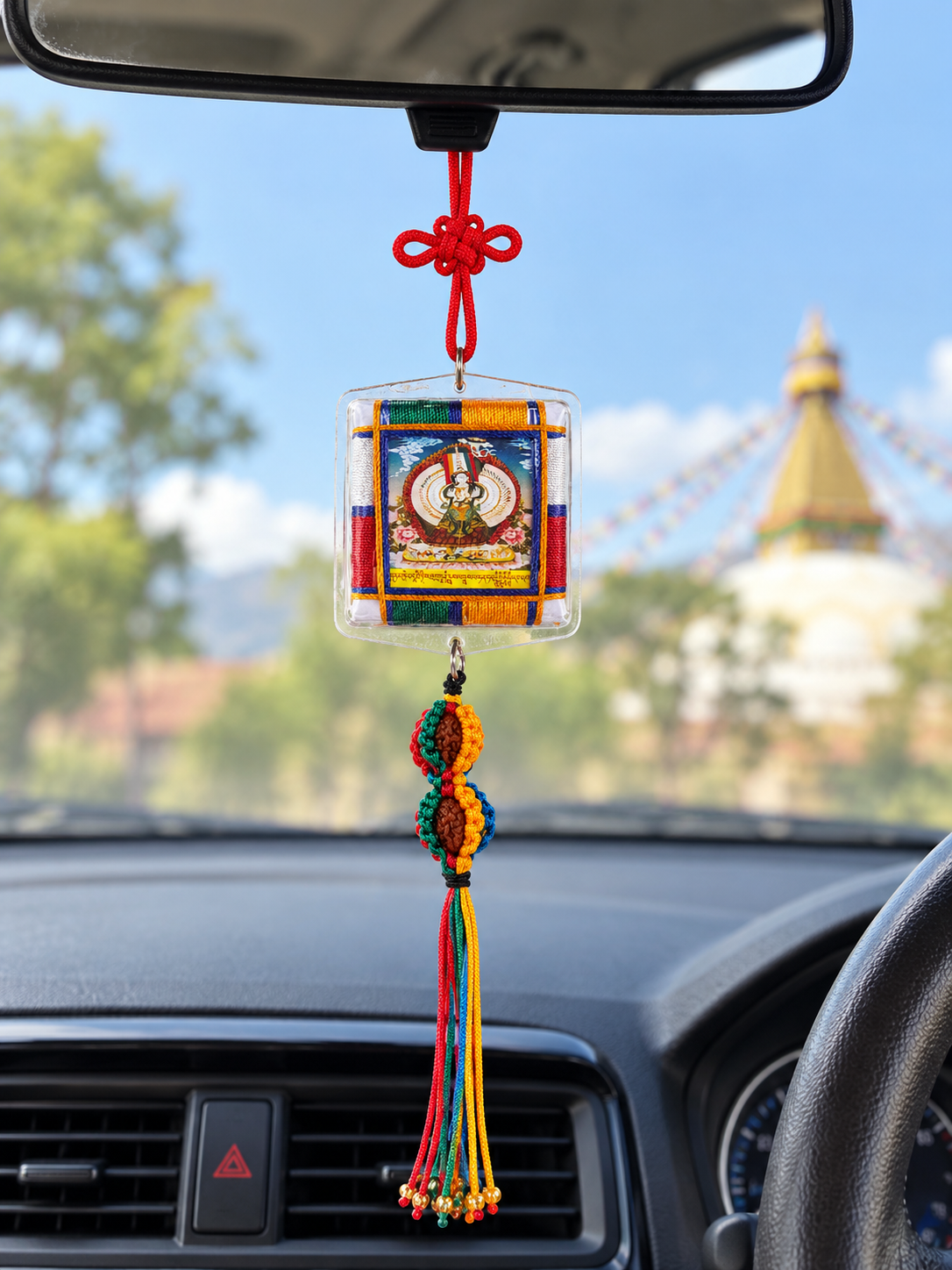 Tibetan Buddhist Dukkar & Kalachakra Car Hanging – Double-Sided White Umbrella Protective Amulet / door hanging