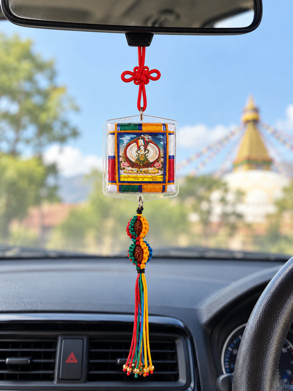 Tibetan Buddhist Dukkar & Kalachakra Car Hanging – Double-Sided White Umbrella Protective Amulet / door hanging