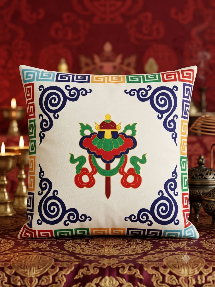 Tibetan Auspicious Symbol Cushion Cover – Handmade in Nepal | Silky Touch Velvet