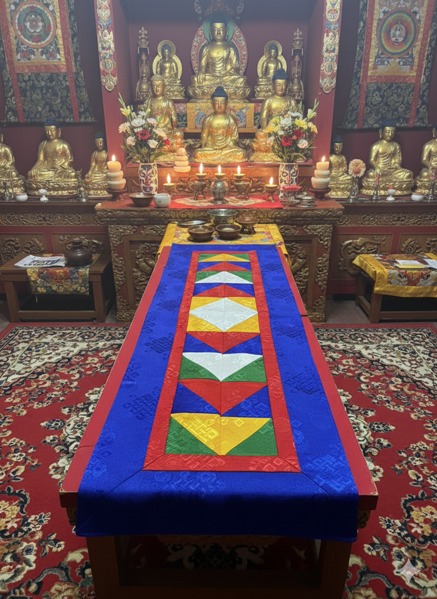 Tibetan buddhist endless knot light silk brocade table runner / shrine cover / Blue cloth