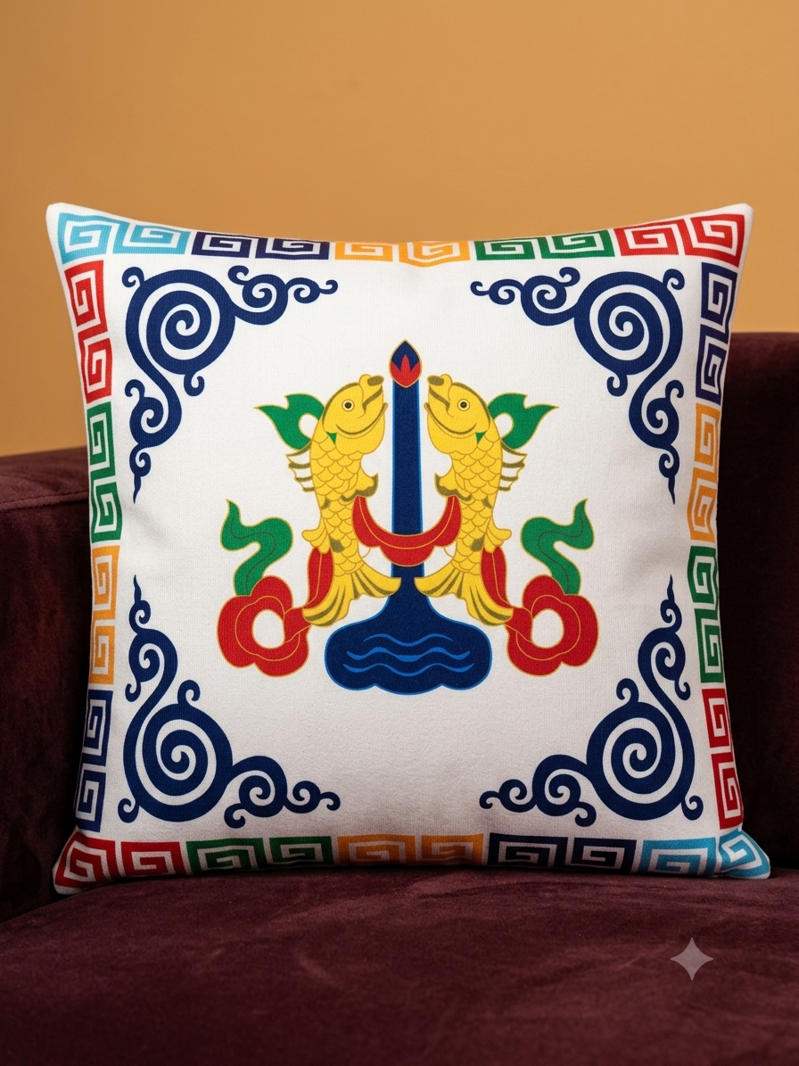 Tibetan Auspicious Symbol Cushion Cover – Handmade in Nepal | Silky Touch Velvet