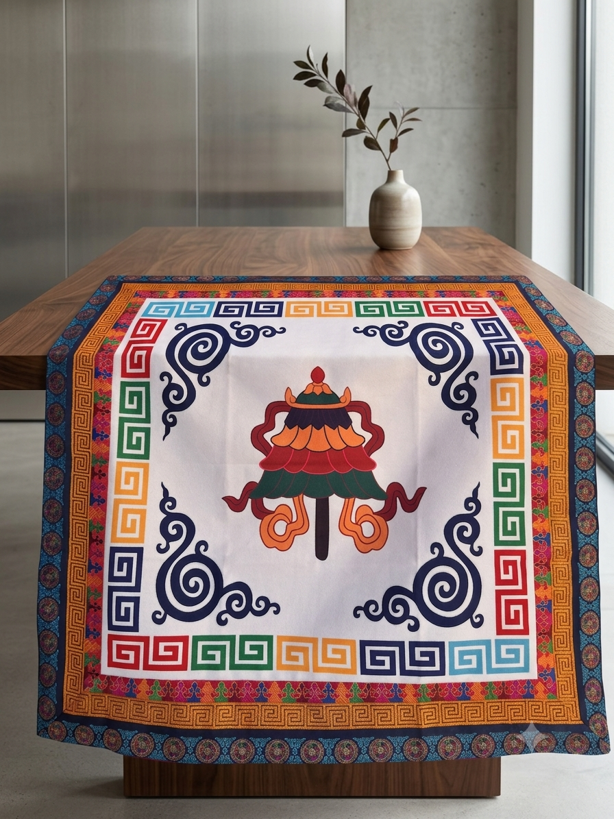Tibetan brocade auspicious symbol table cover with wheel of life border / altar cloth