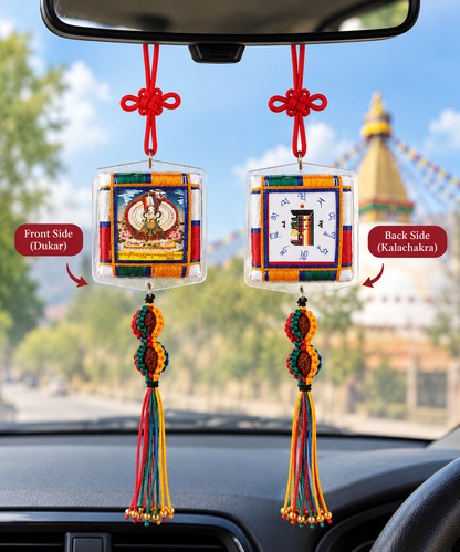 Tibetan Buddhist Dukkar & Kalachakra Car Hanging – Double-Sided White Umbrella Protective Amulet / door hanging