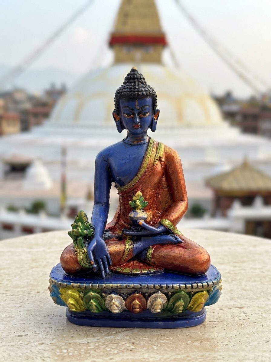 Statue de Bouddha de médecine bouddhiste tibétain en résine coulée à froid peinte à la main