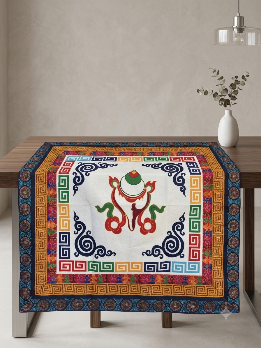 Tibetan brocade auspicious symbol table cover with wheel of life border / altar cloth