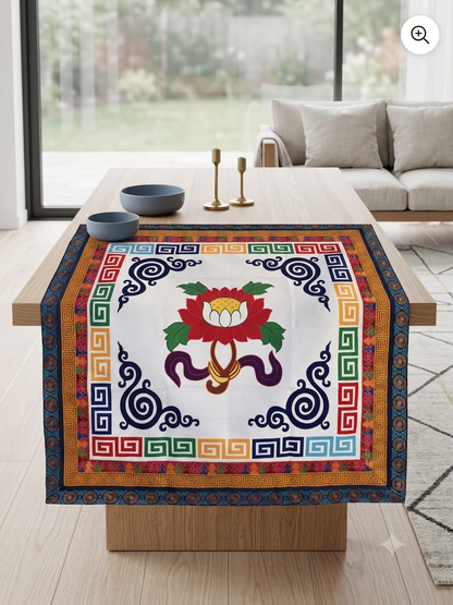 Tibetan brocade auspicious symbol table cover with wheel of life border / altar cloth