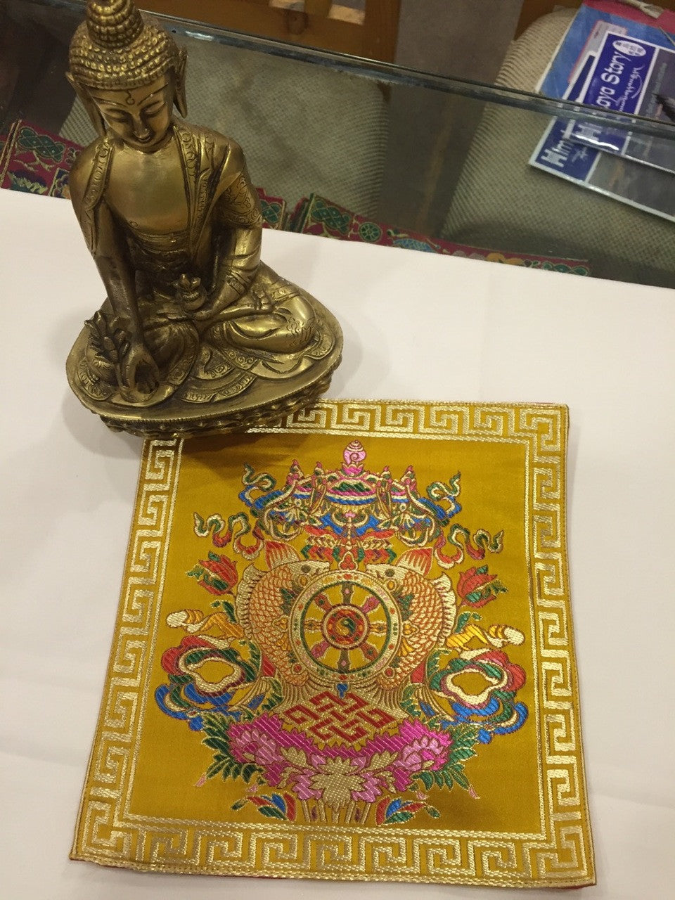 Tibetan buddhist silk brocade yellow eight auspicious symbol placemat / table cover / altar cloth