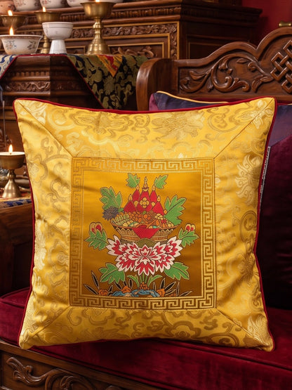 Tibetan buddhist silk Brocade Cushion Cover – Auspicious Offering Basket Motif / pillow cover