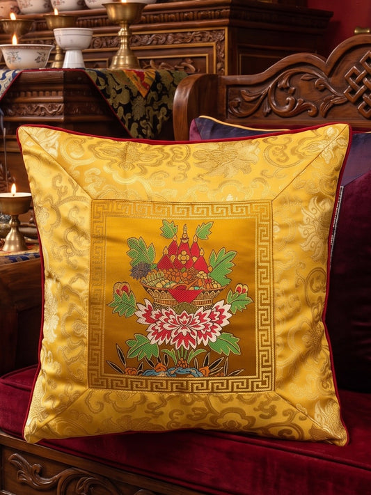 Tibetan buddhist silk Brocade Cushion Cover – Auspicious Offering Basket Motif / pillow cover
