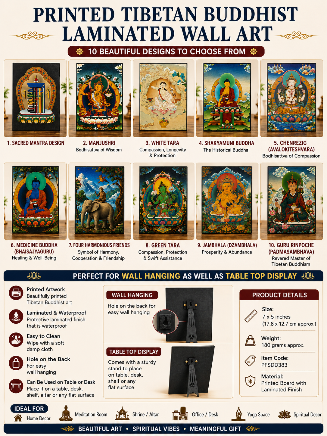 Printed Tibetan Buddhist Laminated Wall & Tabletop Art – Multiple Designs / made in Nepal