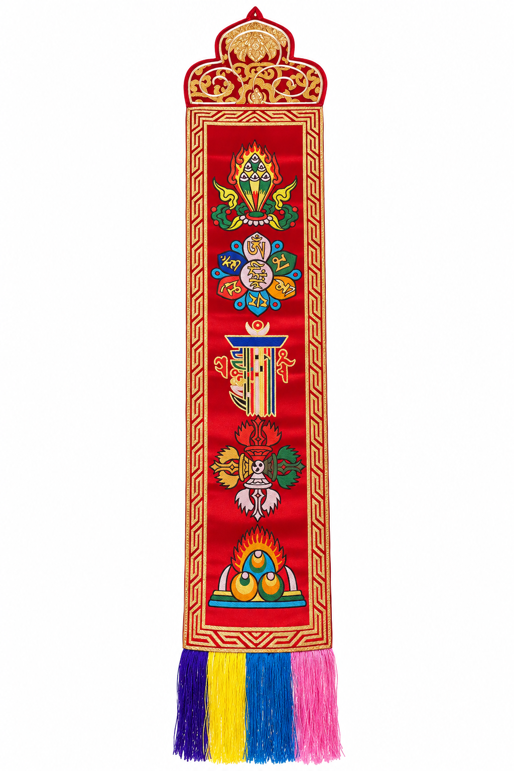 Free USA shipping Tibetan Buddhist Auspicious Wall Hanging – Embroidered Red Wall Decor with Colorful Tassels