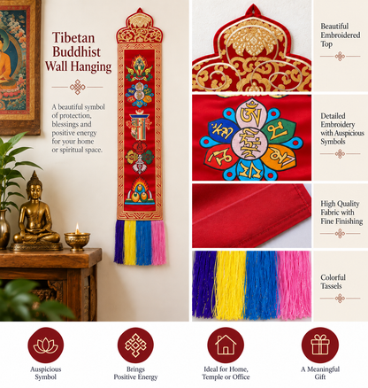 Free USA shipping Tibetan Buddhist Auspicious Wall Hanging – Embroidered Red Wall Decor with Colorful Tassels