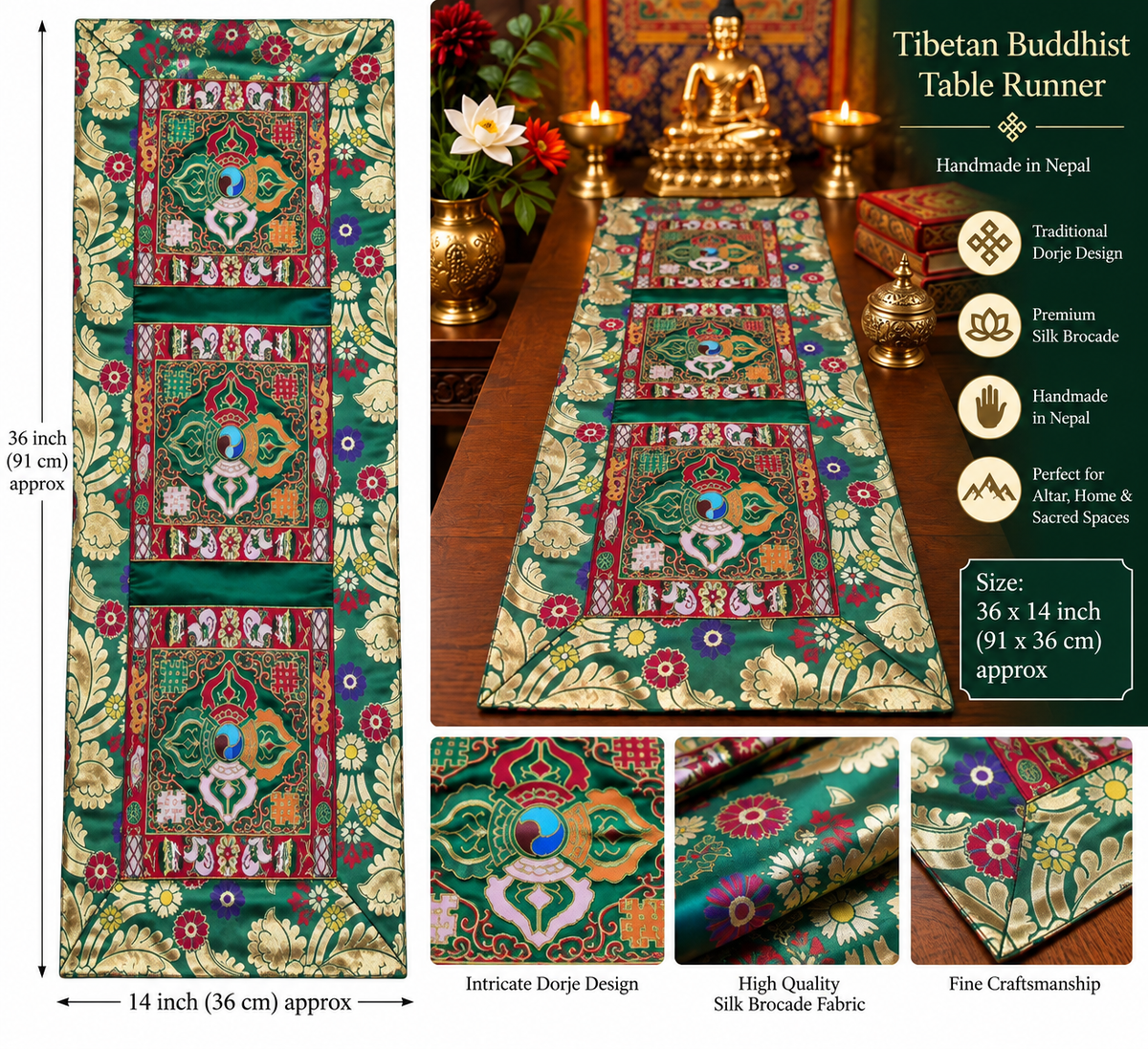 Free shipping for usa - Tibetan Buddhist green Silk Brocade Table Runner / table cloth with Dorje Design – Handmade in Nepal