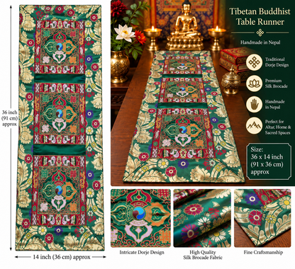 Free shipping for usa - Tibetan Buddhist green Silk Brocade Table Runner / table cloth with Dorje Design – Handmade in Nepal
