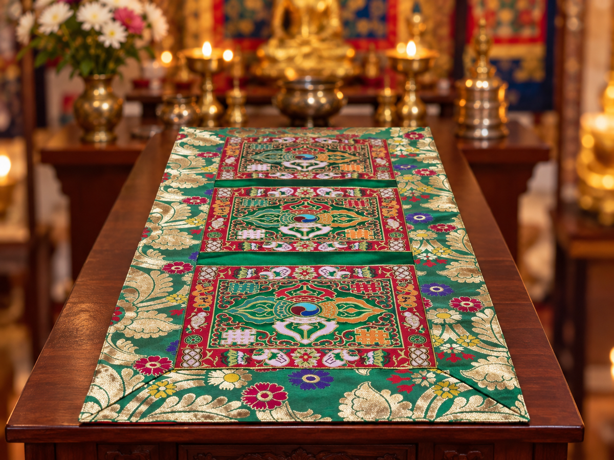 Free shipping for usa - Tibetan Buddhist green Silk Brocade Table Runner / table cloth with Dorje Design – Handmade in Nepal
