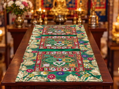 Free shipping for usa - Tibetan Buddhist green Silk Brocade Table Runner / table cloth with Dorje Design – Handmade in Nepal