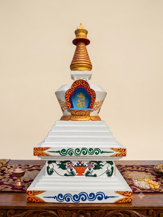 Handmade Wooden Tibetan Stupa with Mantra Chamber – Handcrafted in Nepal | 9 Inch