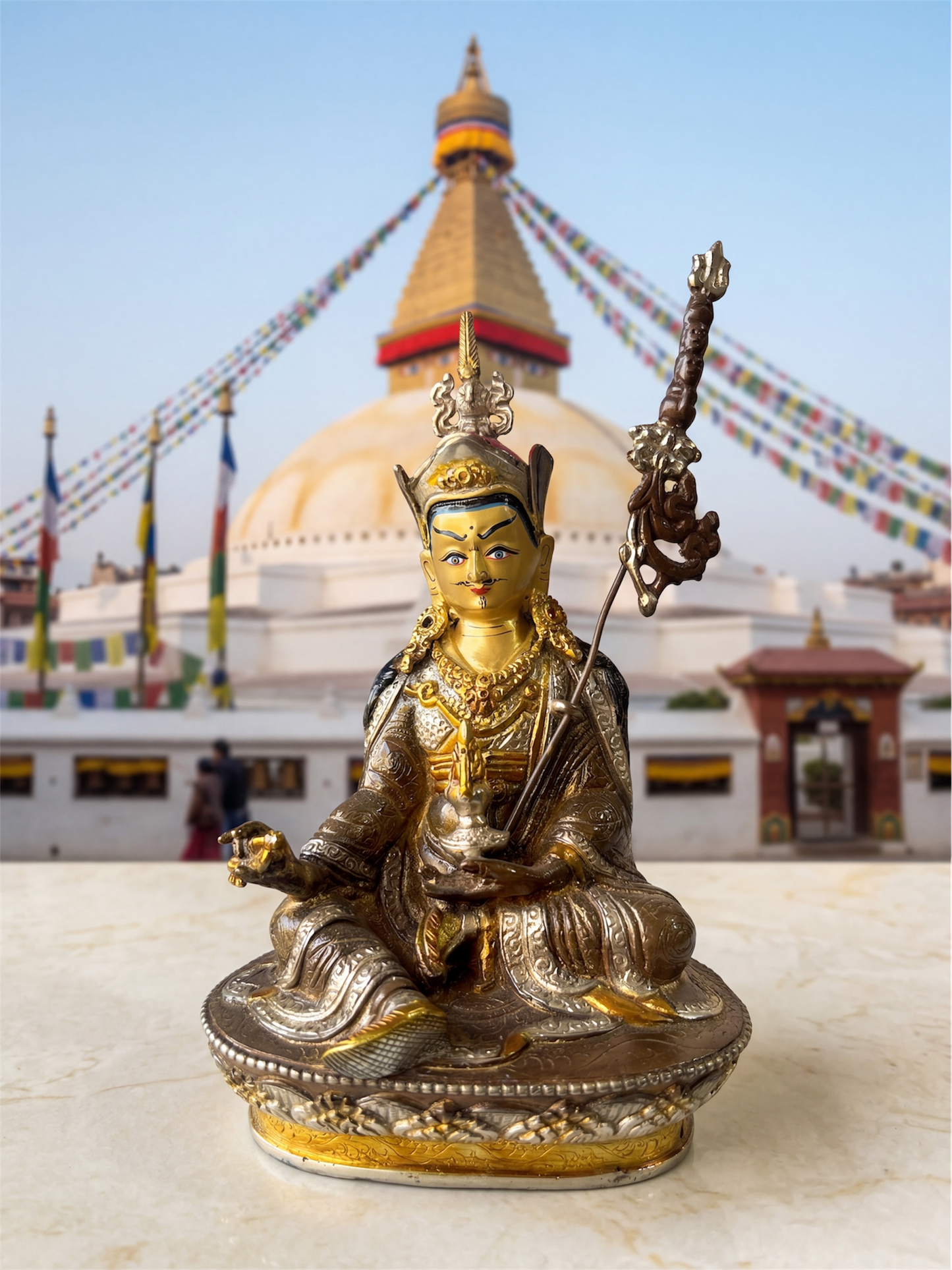 Nepalese Handmade Guru Rinpoche Statue – Copper & Bronze with Gold & Silver Plating (8.5 Inch)