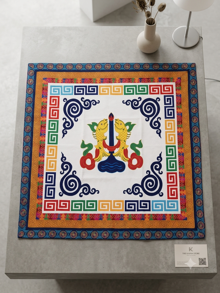 Tibetan brocade auspicious symbol table cover with wheel of life border / altar cloth