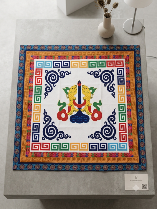 Tibetan brocade auspicious symbol table cover with wheel of life border / altar cloth