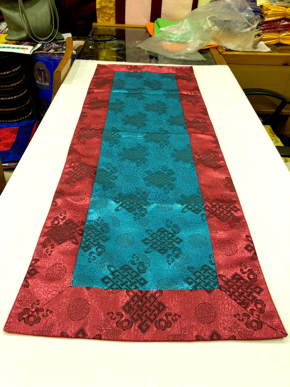 Tibetan buddhist turquoise endless knot silk brocade table runner / altar cloth / shrine cover