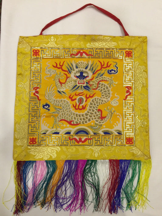 Tibetan buddhist yellow protector dragon wall hanging / banner / thangka