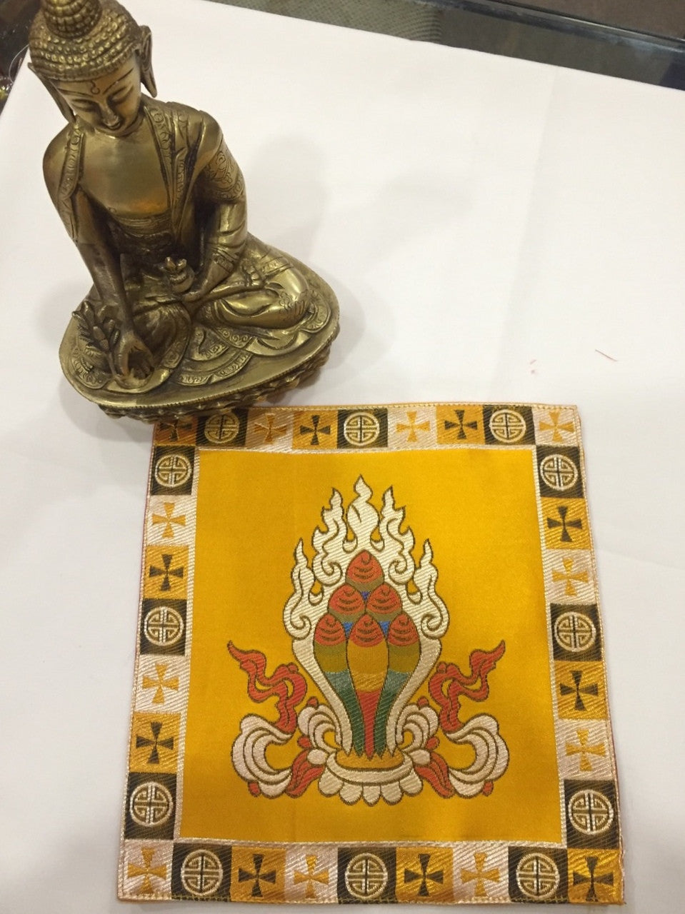 Tibetan buddhist silk brocade yellow Norbu / precious jewel placemat / table cover / altar cloth