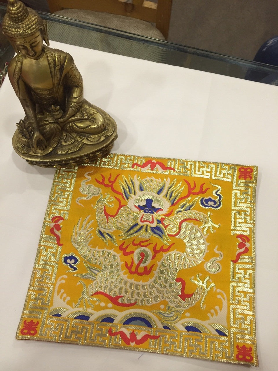 Tibetan buddhist silk brocade yellow dragon placemat / table cover / altar cloth / shrine cover