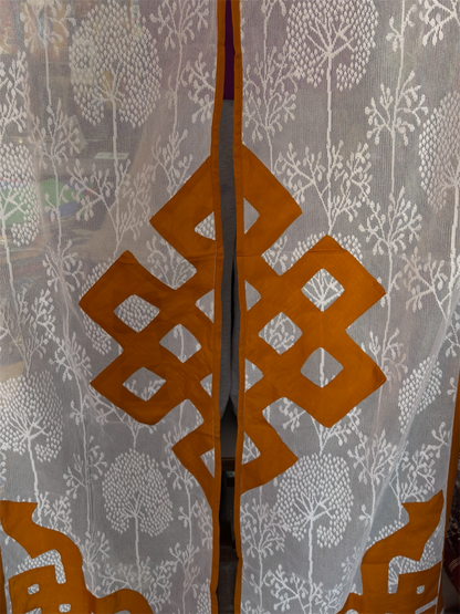 Tibetan buddhist dark yellow lacy/net endless knot split door curtain/door hanging