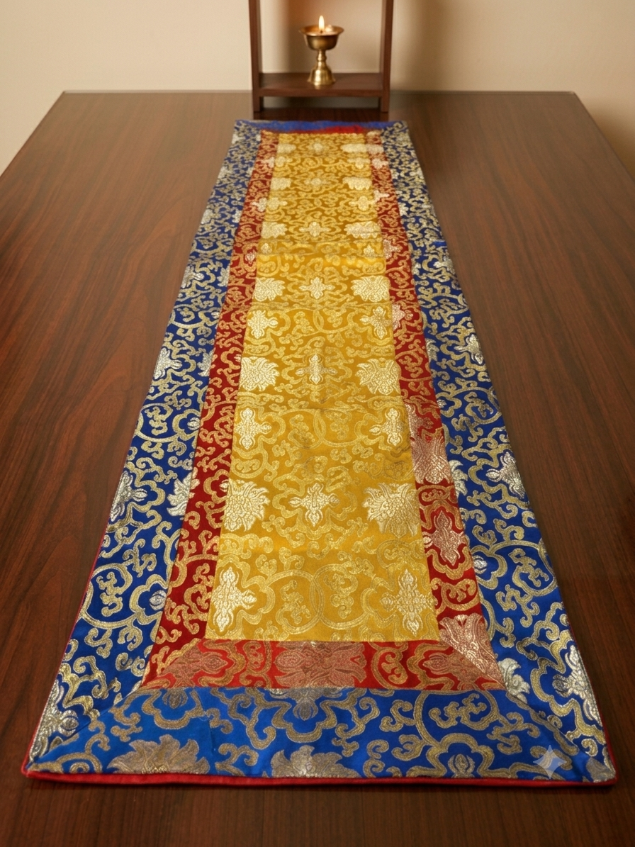 Long Tibetan Shrine Table Cover – Handmade Silk Brocade Lotus Design, Traditional Buddhist Altar Runner