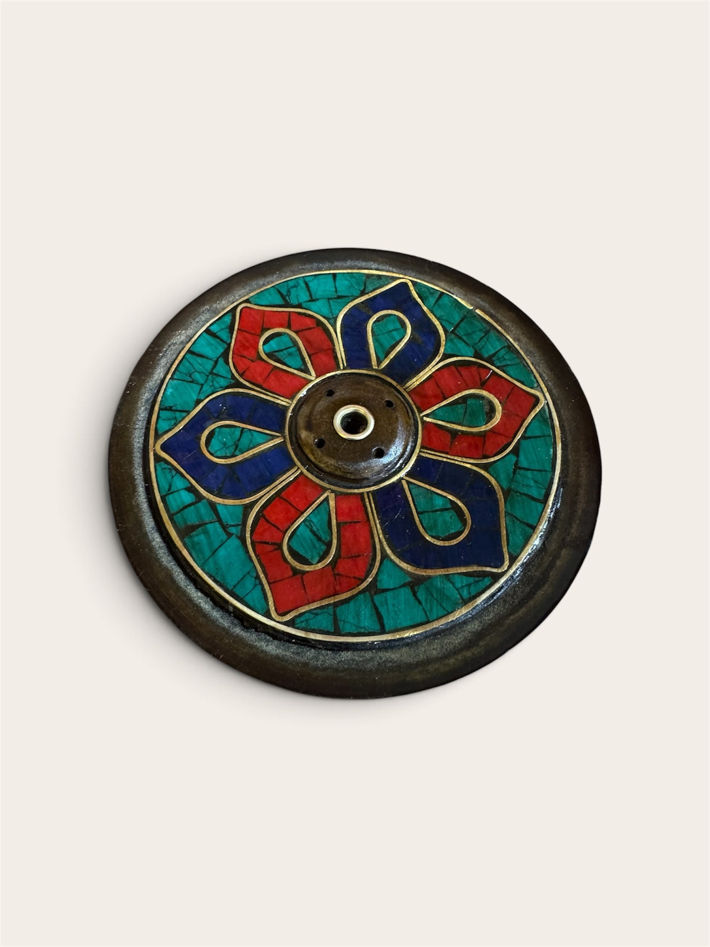 Buddhist Antique Finish Incense Holder – Handmade in Nepal, Turquoise, Lapis & Red Inlay